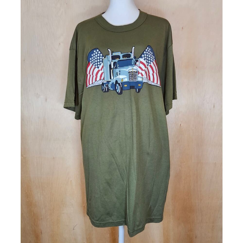 Green Rothco Semi Truck American Flag Graphic Print T-Shirt Made In USA Size L